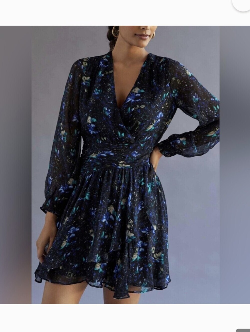 By Anthropologie Black Floral Long-Sleeve V-Neck Dress